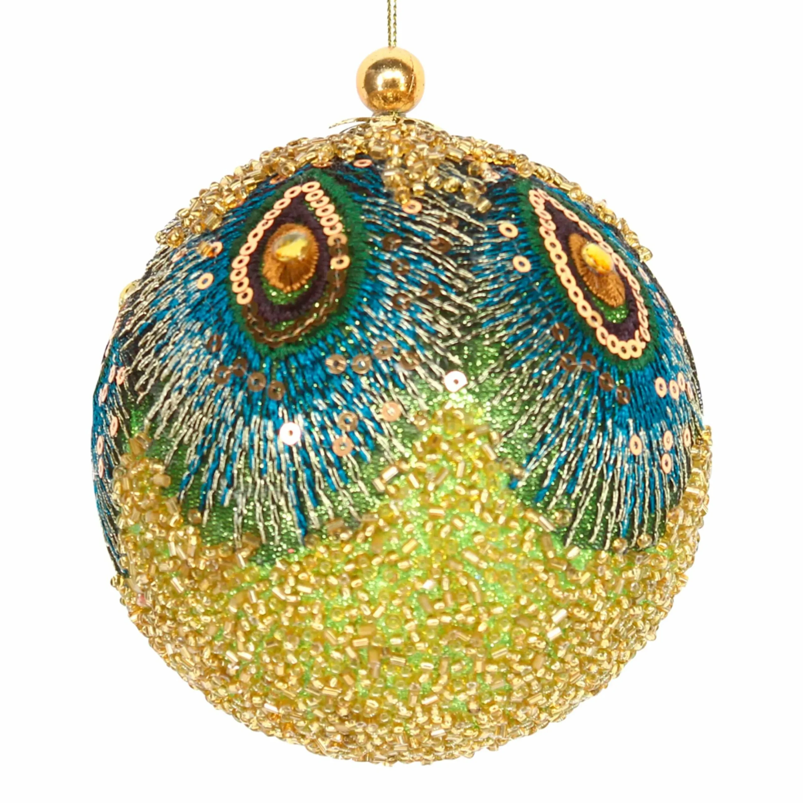 Christmas Land Christmas Tree Decorations-Beaded Ball With Fabric Peacock Feather Decoration