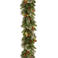 Christmas Land Garlands Un-Lit*9Ft Wintry Pine Garland With Cones, Red Berries And Snowflakes